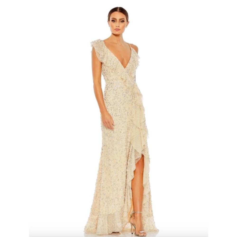 MAC DUGGAL Dress Size 8 Evening Gown Sequin Asymmetrical Cream Ruffle Faux Wrap